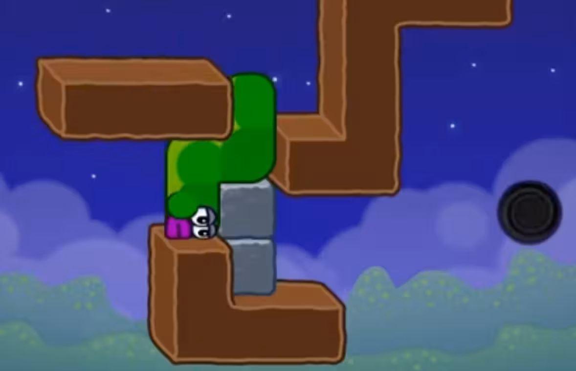 Apple Worm Level 17 Step 7: Move back to the left side of the stone block for the final push