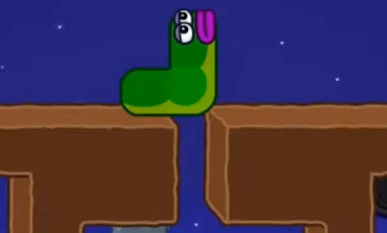 Apple Worm Level 18 Step 1: Move right into the gap between the two dirt blocks, then move up