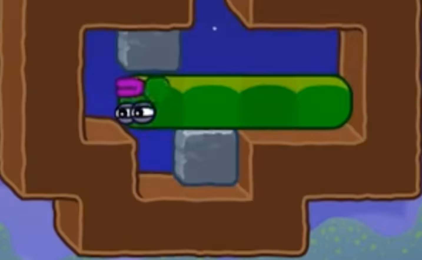 Apple Worm Level 18 Step 4: Push the stone block left one step so it drops, then eat the apple while blocking the upper stone from falling