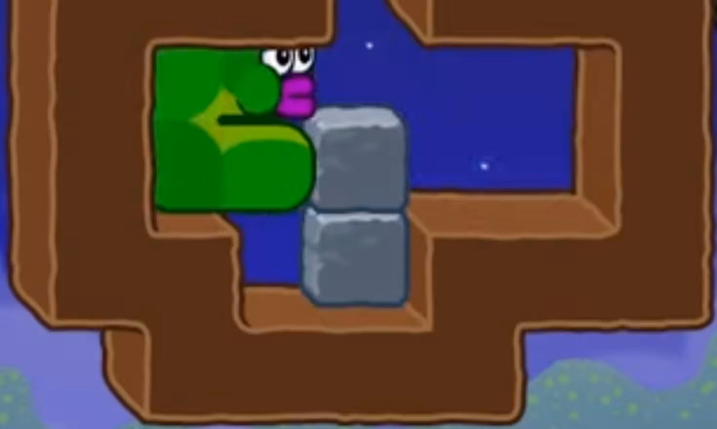 Apple Worm Level 18 Step 6: Push the stone block right one step so it drops and stacks onto the lower stone block
