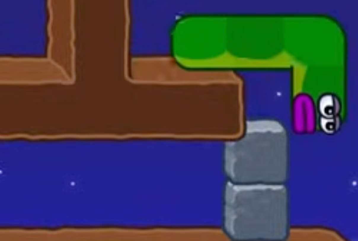 Apple Worm Level 20 Step 11: Push right one step to drop and stack the stones, then move right two and down two to get wedged