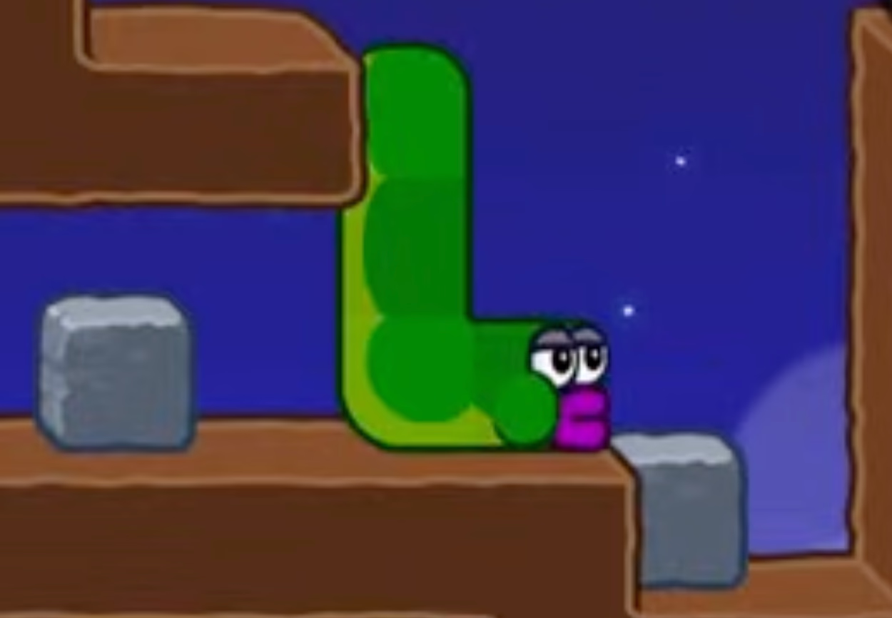 Apple Worm Level 20 Step 14: Move down to the lower dirt block and push the stone right one step into the dirt pit