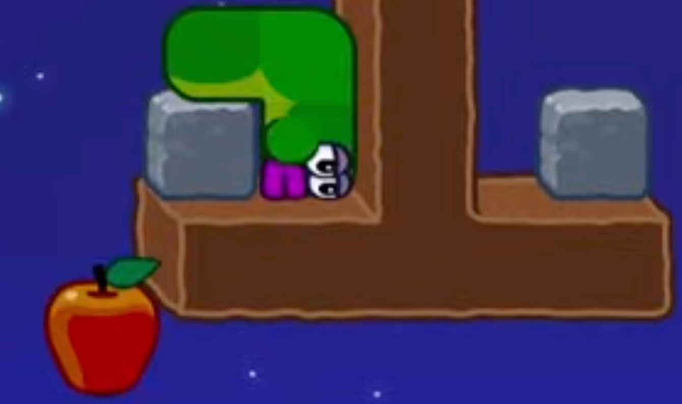 Apple Worm Level 20 Step 3: From the right side, push the stone left one step so it drops above the apple