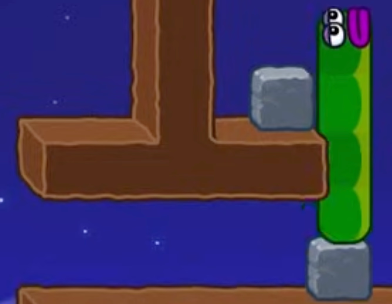 Apple Worm Level 20 Step 9: Align the stone with the upper dirt’s right edge and use it to climb up